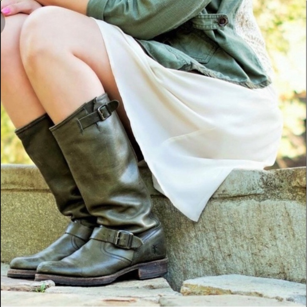 New Frye Veronica Slouch Tall Green Distressed Leather Riding Boots- Size 6